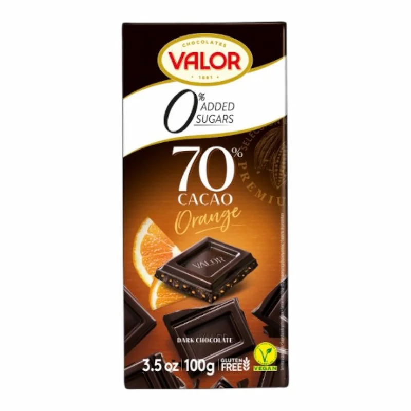 Valor Chocolat Noir 70% à l’Orange Sans Sucre Ajouté 100 g - SANS GLUTEN