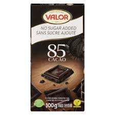 Valor Chocolat Noir 85 % Cacao Sans Sucre Ajouté Sans Gluten 100g