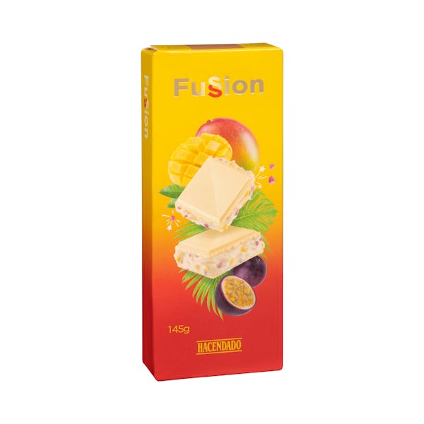 FUSSION Hacendado CHOCOLAT MANGO / FRUIT DE PASSION ET CARAMEL 145g