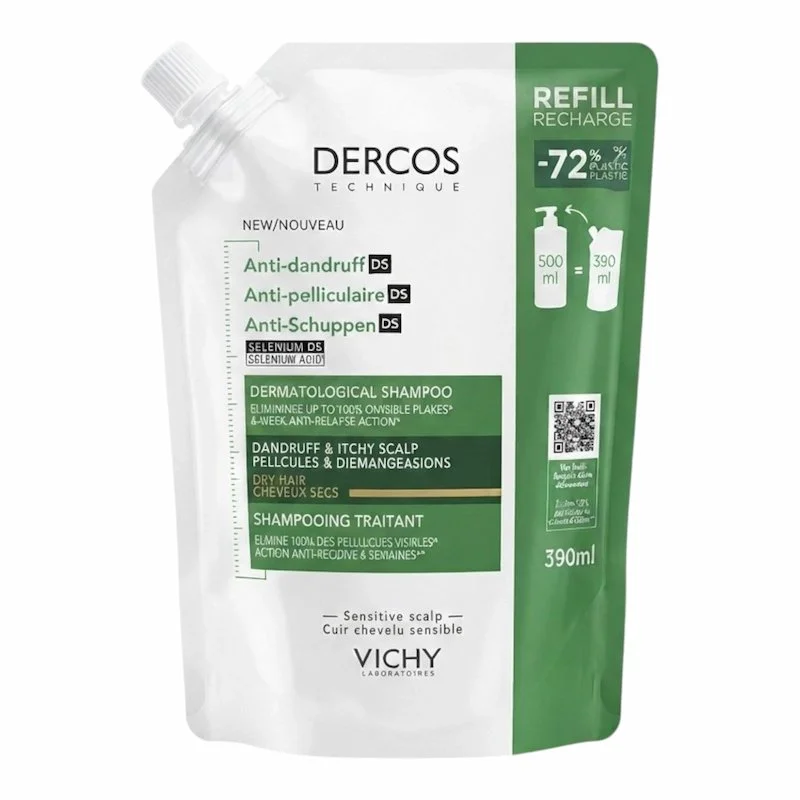 Vichy Dercos Shampooing Traitant Anti Pelliculaire Cheveux Secs Recharge 390ml – Anti Pellicules & Confort du Cuir Chevelu