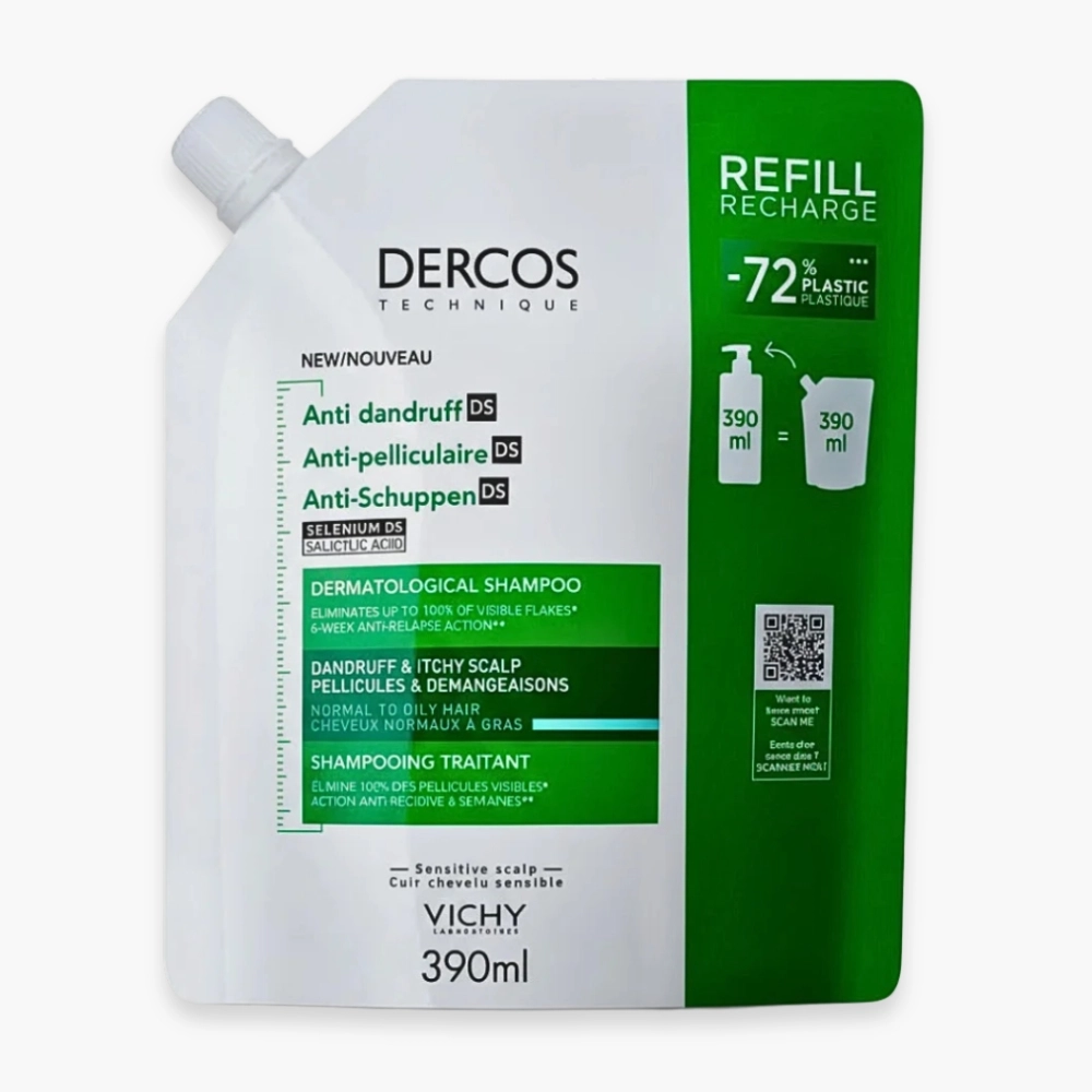 Vichy Dercos Shampooing Traitant Anti Pelliculaire Cheveux NORMAUX A GRAS Recharge 390ml – Anti Pellicules & Confort du Cuir Chevelu