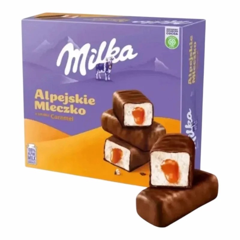 Milka Alpejskie Mleczko Caramel 350g – Bouchees Mousse Vanille & Caramel Enrobees de Chocolat au Lait – Image 2